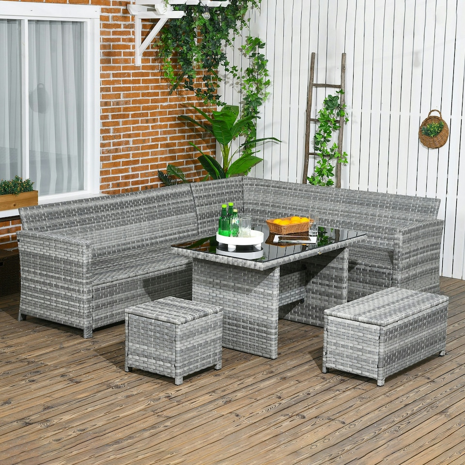 image 1 of Outsunny 5 PCs Rattan Garden Furniture Set with Stools, Table, Cushion, Grey