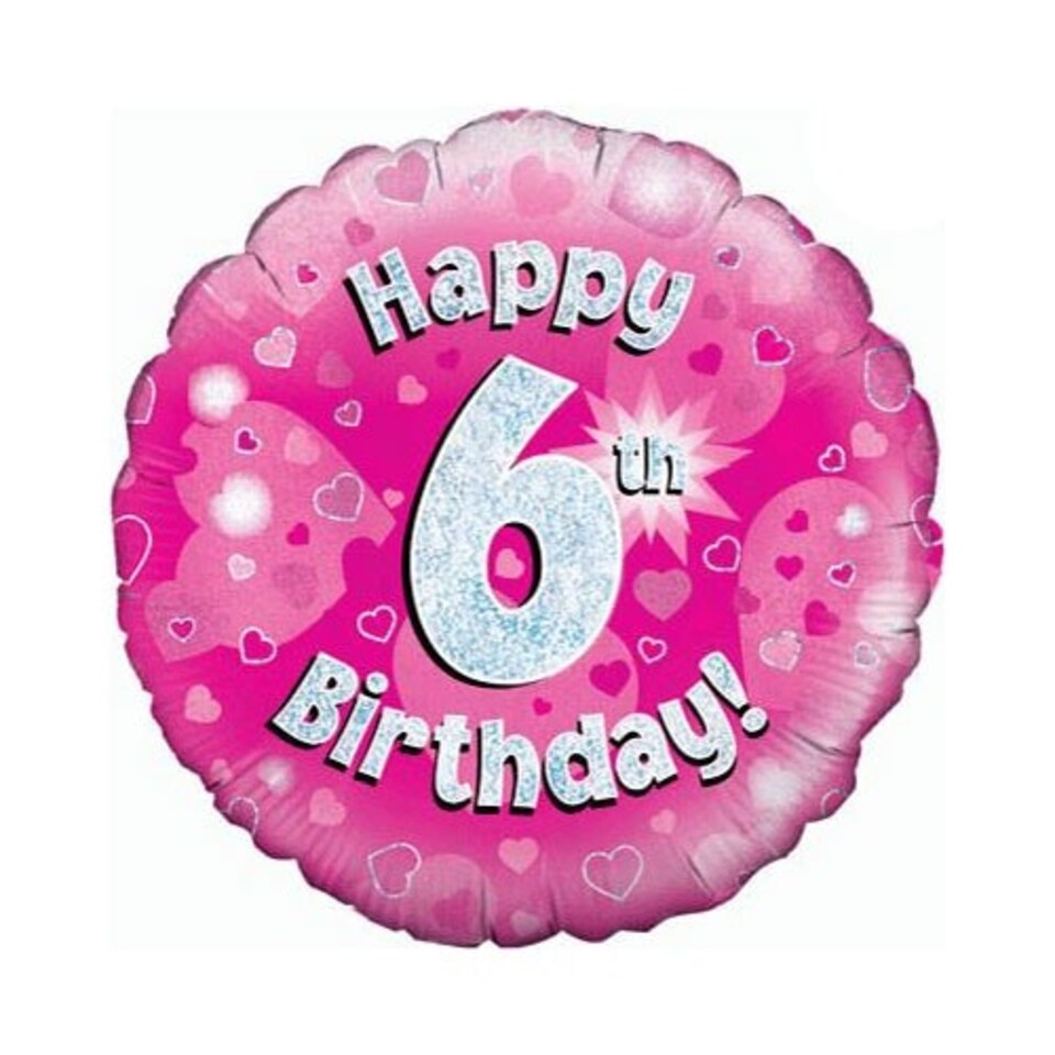 Pink Happy 6th Birthday Holographic Round Foil Helium Balloon 46cm / 18 in