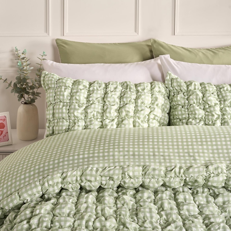 image 1 of OHS Gingham Filled Seersucker Duvet Cover Set with Pillowcase Bedding | Green | Sage | Single