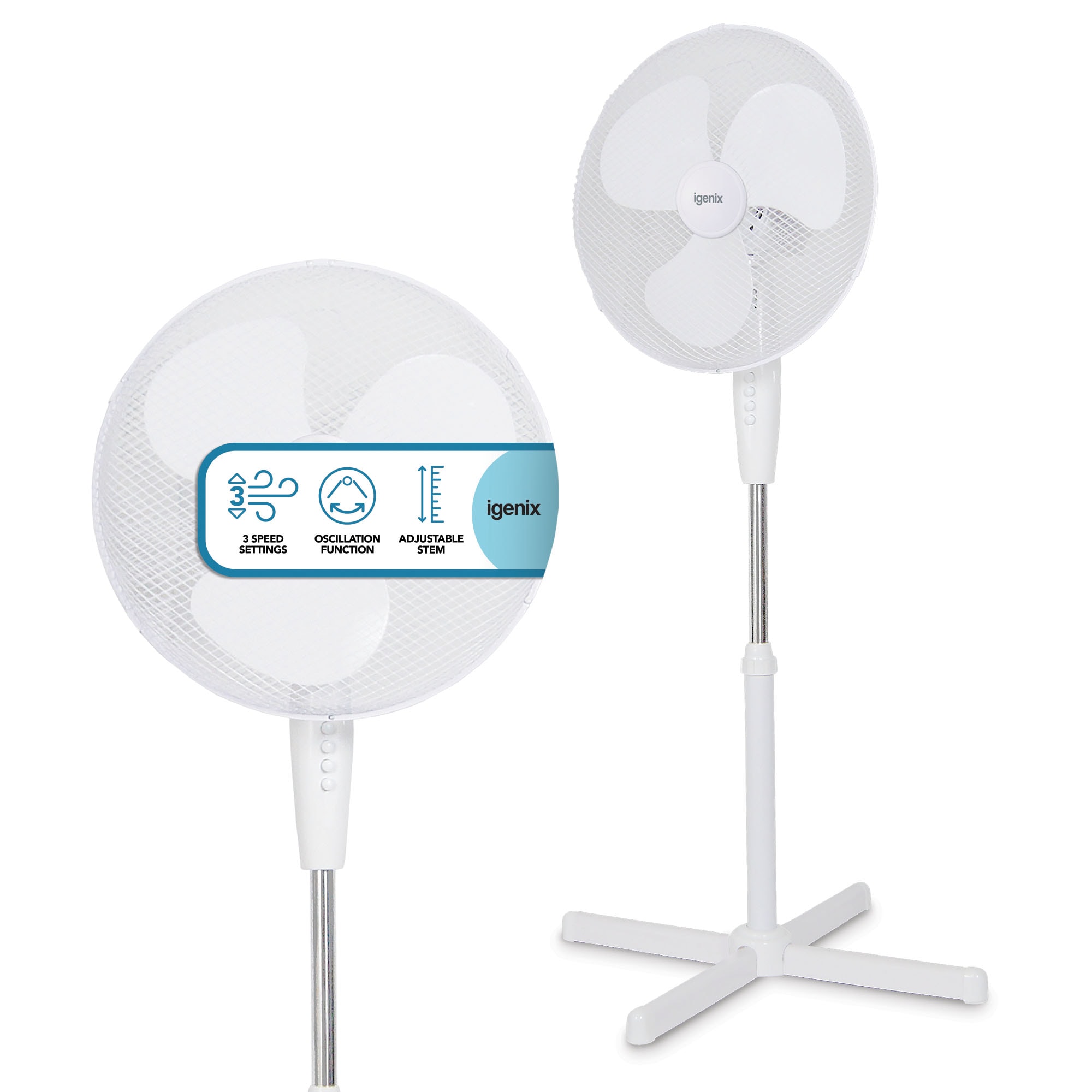 Igenix DF1655 Pedestal Fan, 16 Inch, 50 W, Oscillating, 3 Speeds, White