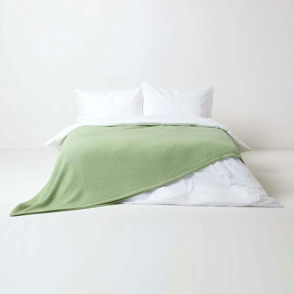 image 1 of Homescapes Organic Cotton Waffle Blanket/ Throw Sage Green - 250 x 230 cm