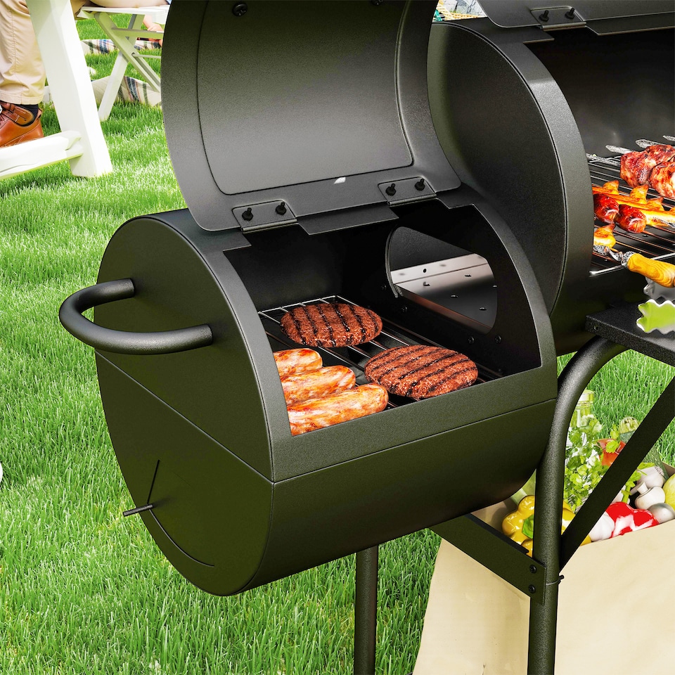 image 1 of Outsunny Portable Outdoor Charcoal Grill BBQ Grill with Offset Smoker Black
