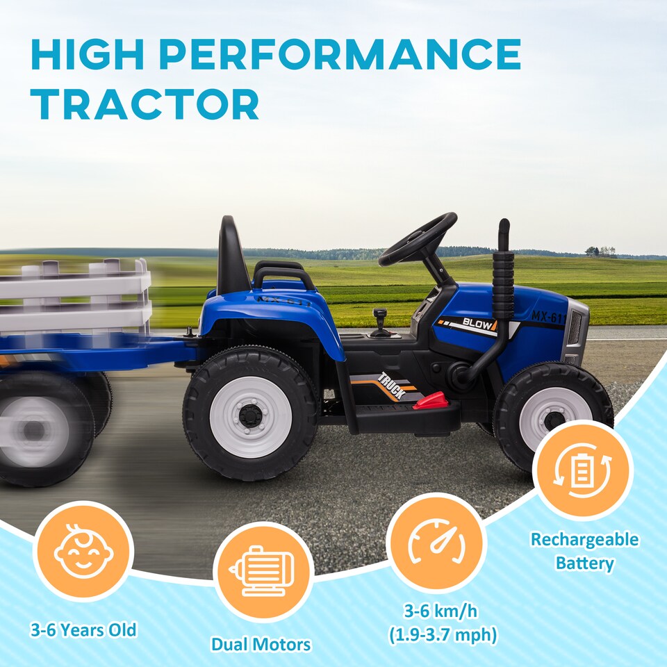 image 1 of HOMCOM Kids Electric Car, 12V Electric Ride on Tractor and Trailer with Detachable Trailer Remote Control, USB, Horn, Lights, Start-Up Sound, for Ages 3-6 Years, Blue
