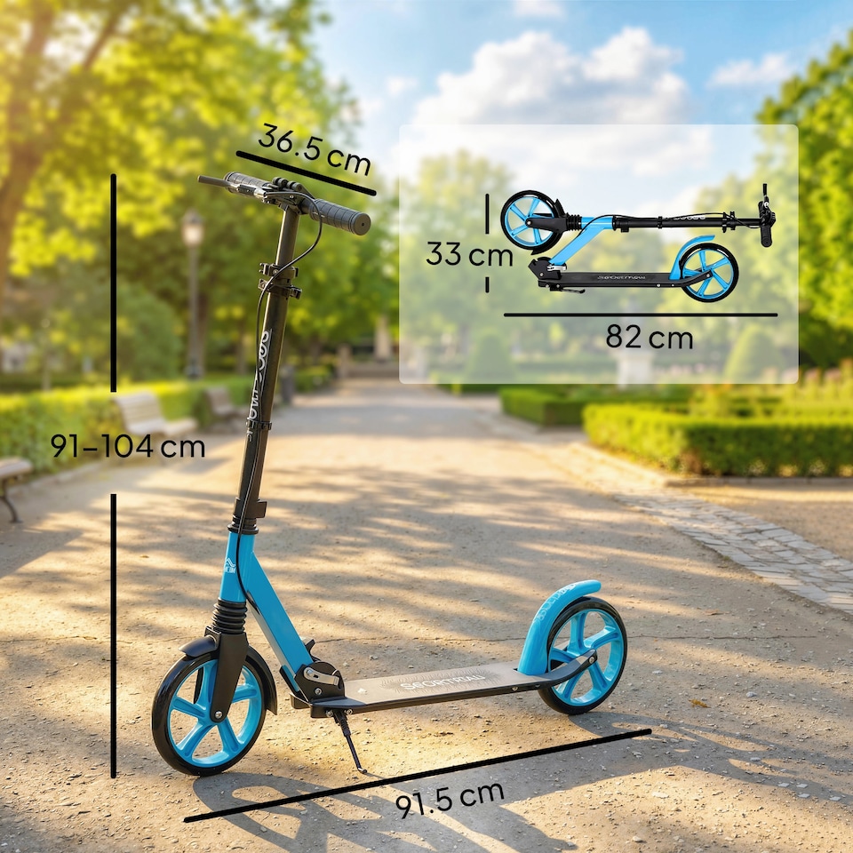 image 1 of HOMCOM Folding Kick Scooter for 14+ w/ Adjustable Height | Red | Blue and Black | 91.5L x 36.5W x 91-104H cm