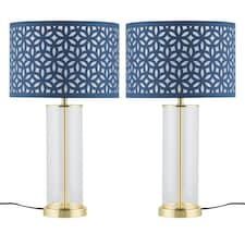 Set of 2 Aura - Satin Brass Lamps with Navy Blue Cut Out Shades Bronze | Blue