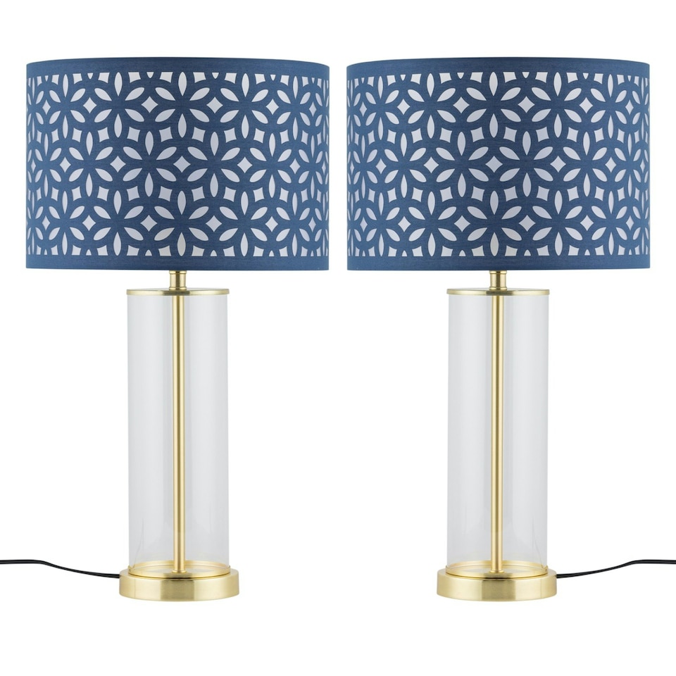 image 1 of Set of 2 Aura - Satin Brass Lamps with Navy Blue Cut Out Shades Bronze | Blue