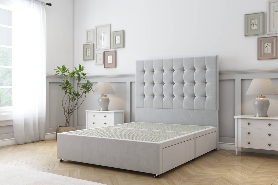 image 1 of Sloomy Alabama Silver Plush Divan Bed Base 2 Drawers Foot-End With 26 Inch Strutted Headboard | Silver | Silver | King | 1