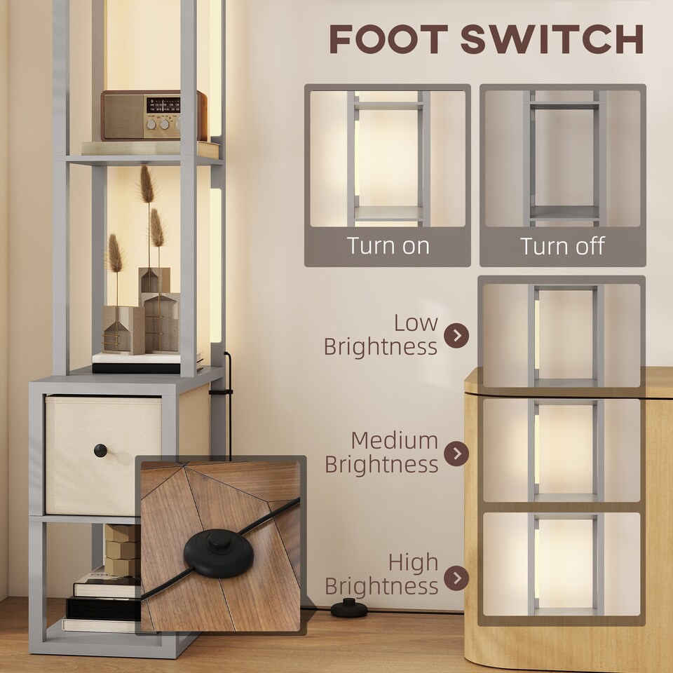 image 1 of HOMCOM Floor Lamp with Shelves, LED Column Modern Standing Lamp with Fabric Drawer, Adjustable Brightness, Foot Switch for Living Room, Bedroom, Office, Grey | Grey