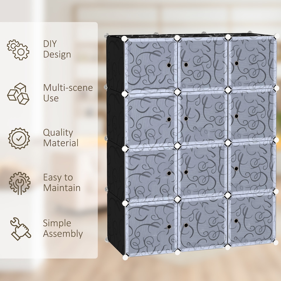 image 1 of HOMCOM Portable Wardrobe for Bedroom, 12 Cube Closet with 2 Hanging Rails, Modular Storage Cabinet, Plastic Armoire for Space Saving, White and Black