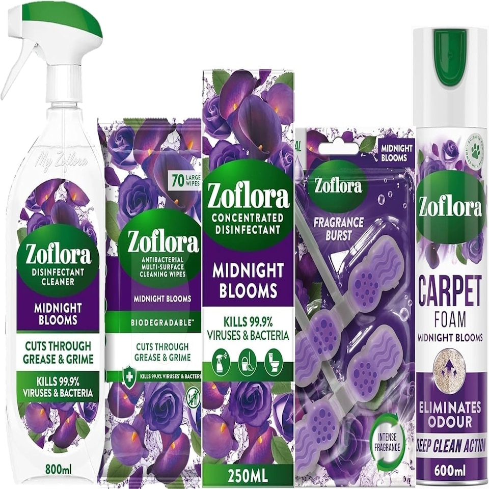 Zoflora Midnight Blooms Bundle - Concentrated Disinfectant Liquid, Biodegradable Wipes, Carpet Fresh & Care Foam and Toilet Rim Blocks