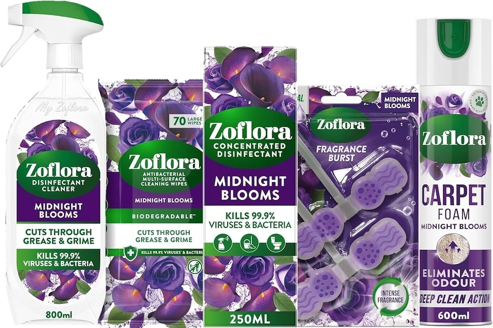 Zoflora Midnight Blooms Bundle - Concentrated Disinfectant Liquid, Biodegradable Wipes, Carpet Fresh & Care Foam and Toilet Rim Blocks