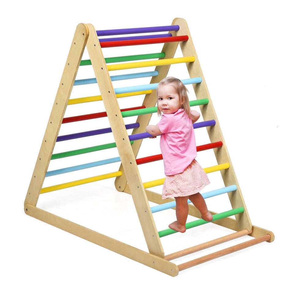 image 1 of COSTWAY Wooden Foldable Triangle Climber Step Training Ladder Pikler Toddler With Ramp