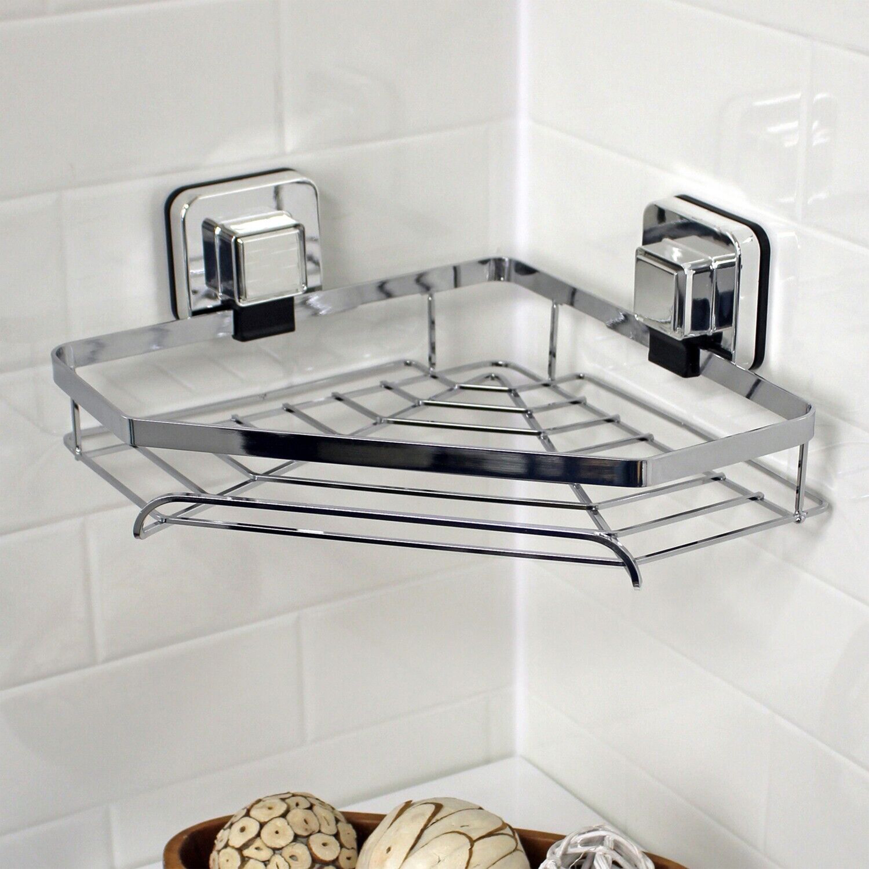 Showerdrape Pushloc Chrome Steel Suction Wall Mounted Corner Basket with Mounting Squares Chrome Chrome 1