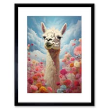 Happy Llama Peeking Head Over Pink Flowers 9x7" Black Framed Wall Art Print