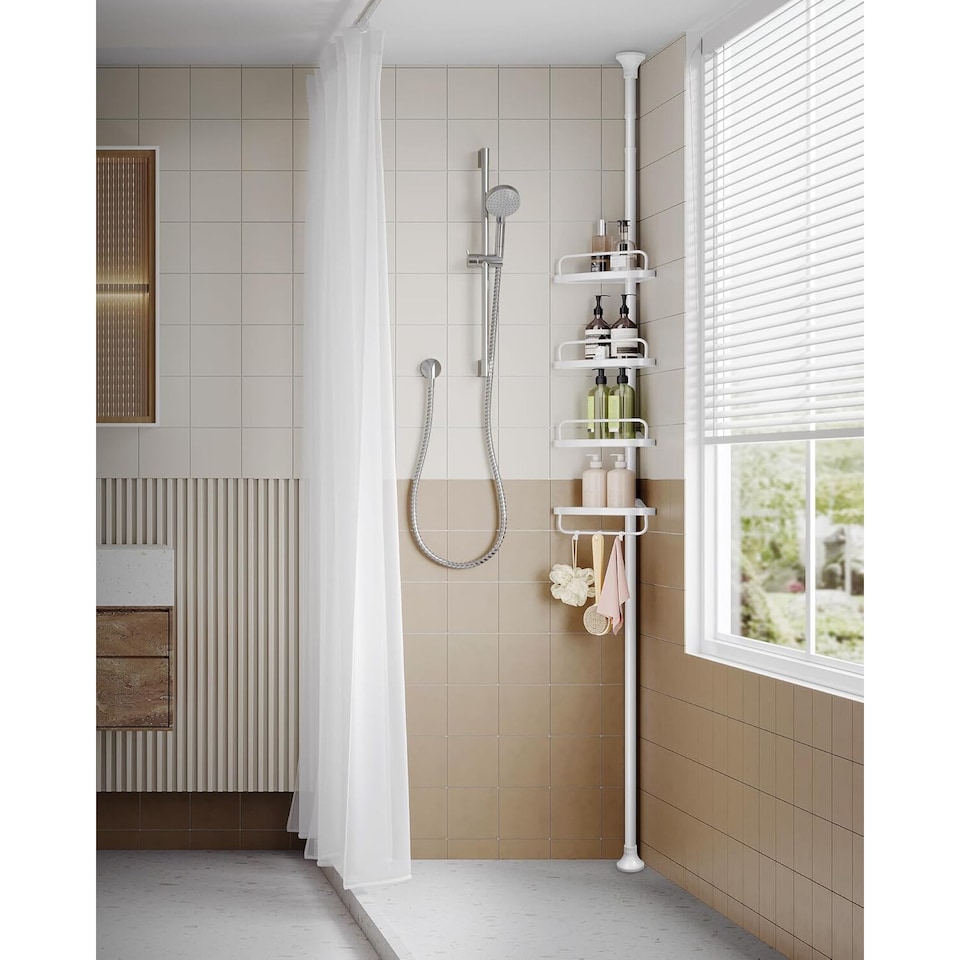 image 1 of Adjustable 4-Tier Corner Storage Organizer with Extension Rod, Rust-Resistant Bathroom Shower Shelf Rack, White