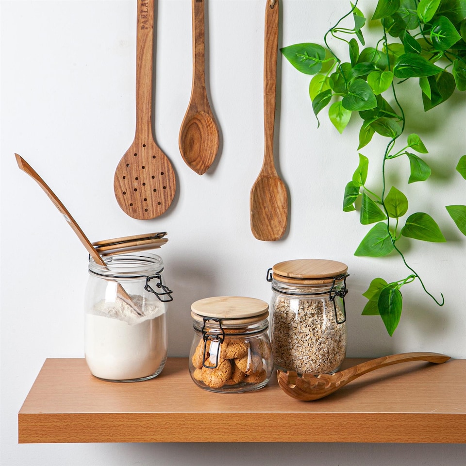 image 1 of Argon Tableware 3x Glass Storage Jars - Wooden Clip Lid - 500ml - Airtight Kitchen Container Round Preserving Jar with Clear Seal