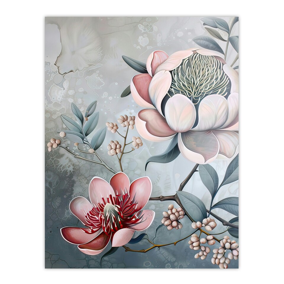 image 1 of Exotic Audubon Style Delicate Lotus Flowers Black Framed Wall Art Print A4