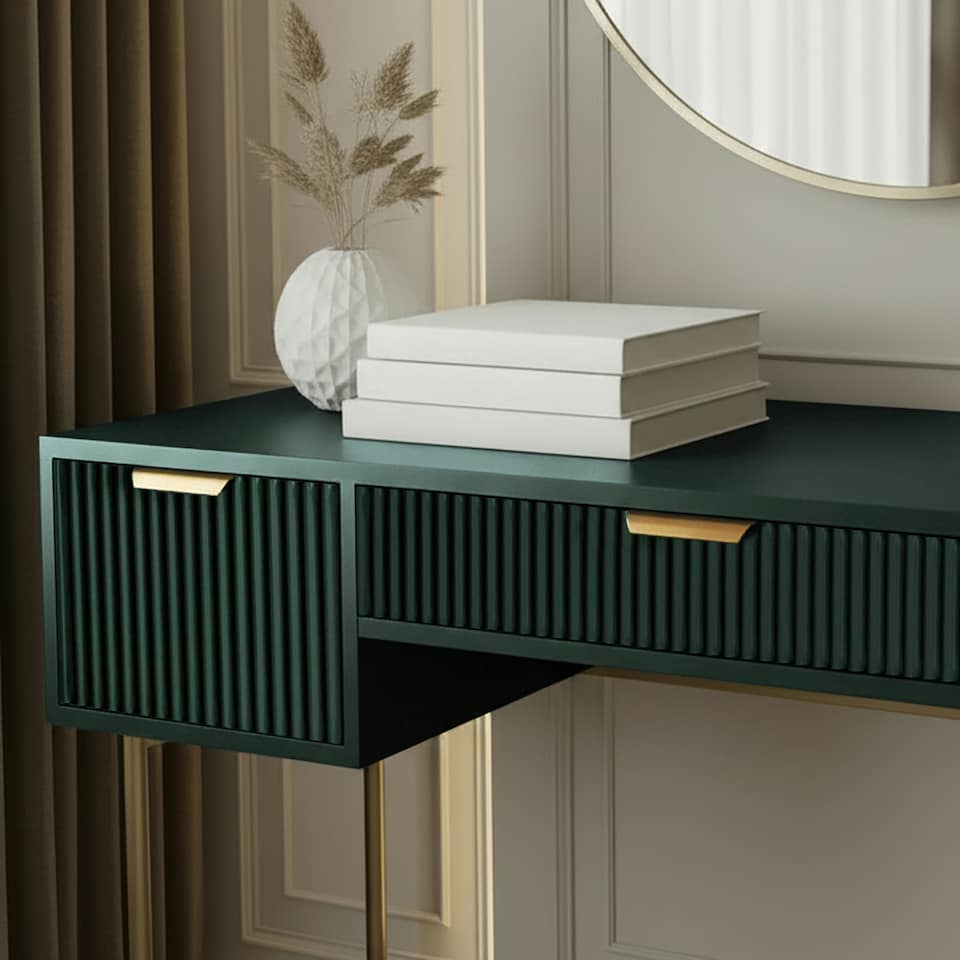 image 1 of OHS Ribbed Dressing Table Vanity Makeup Desk with 3 Drawers | Green | Dark Forest Green