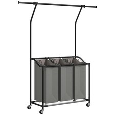 HOMCOM 126L Laundry Sorter, Rolling Wash Basket with Hanging Rail and Mobile 3-Bag Organiser for Bedroom, Bathroom, Laundry Room, 88-149.5L x 40W x 167H cm, Dark Grey | Grey