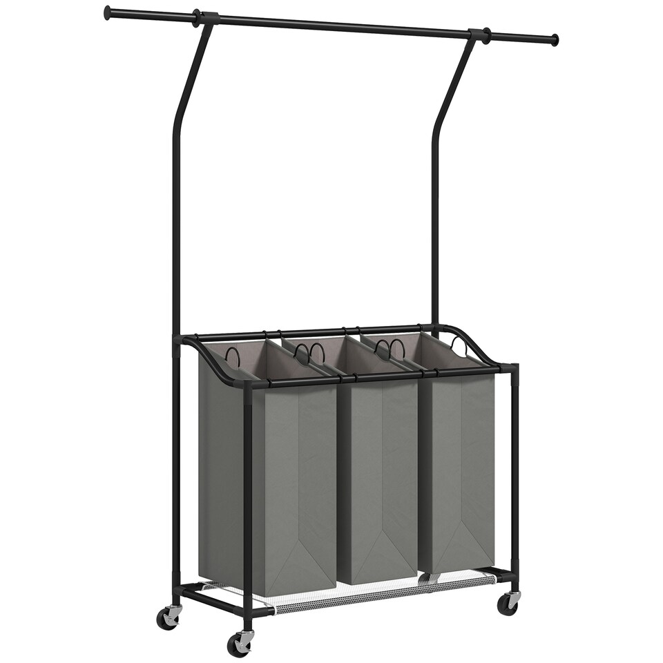 image 1 of HOMCOM 126L Laundry Sorter, Rolling Wash Basket with Hanging Rail and Mobile 3-Bag Organiser for Bedroom, Bathroom, Laundry Room, 88-149.5L x 40W x 167H cm, Dark Grey | Grey