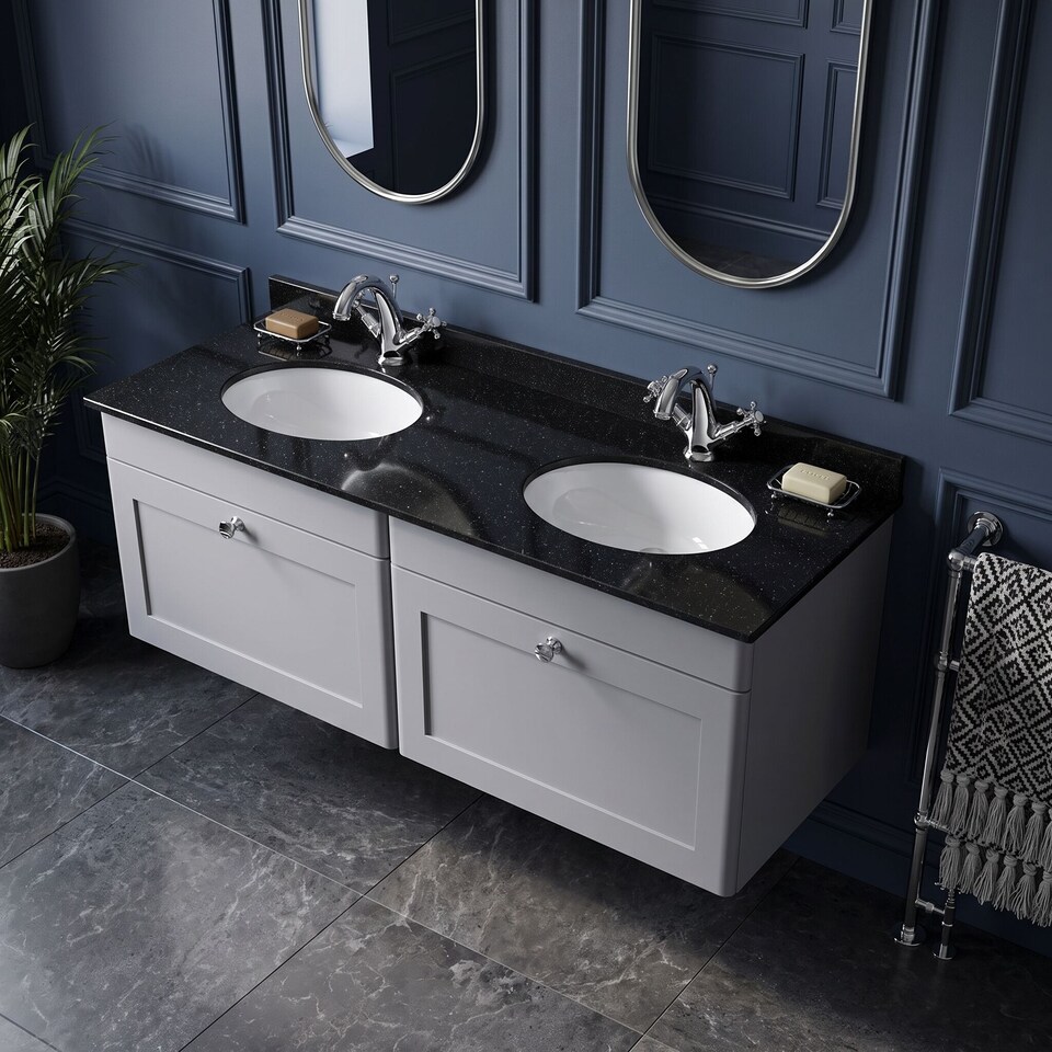 image 1 of Balterley Swynnerton Traditional 2 Drawer Wall Hung Vanity Unit with Double Marble Basin, Satin Grey, 1200mm