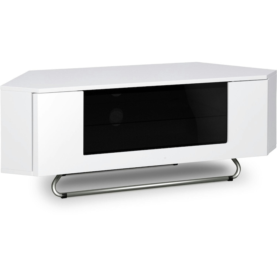 image 1 of Centurion Supports Hampshire Corner-Friendly Gloss White with Black Contrast Beam-Thru Remote Friendly Door 26"-50" Flat Screen TV Cabinet White
