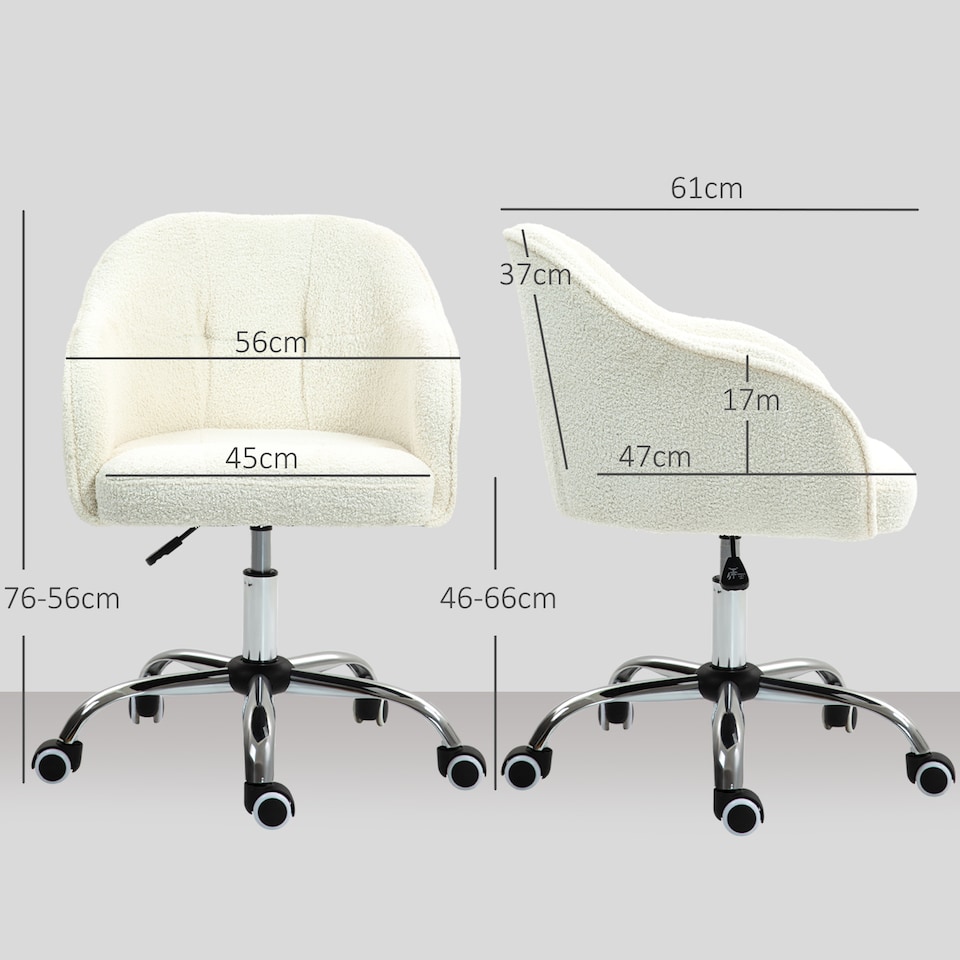 image 1 of HOMCOM Vanity Swivel Chair, Teddy Fleece Office Desk Chair with Adjustable Height for Home, Study, Bedroom, Makeup, Cream White