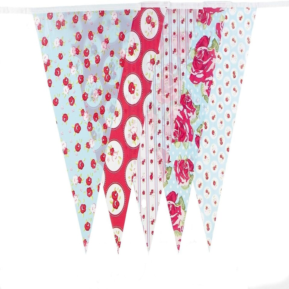 image 1 of Red and Baby Blue Shabby Chic Vintage Print Party Bunting 10m with 20 Pennants