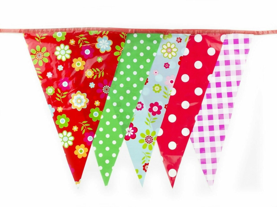 image 1 of Red and Multicoloured Shabby Chic Vintage Print Party Bunting 10m with 20 Pennants