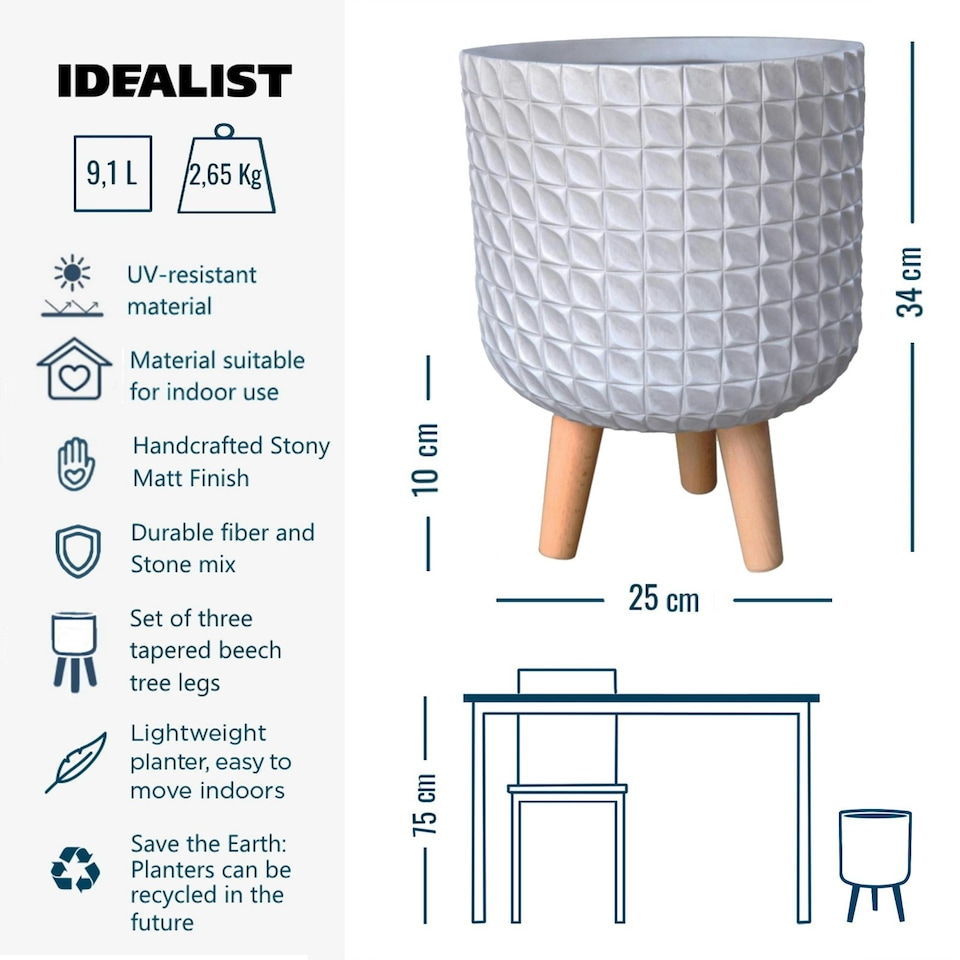 image 1 of Geometric Patterned White Cylinder Planter on Legs, Round Pot Plant Indoor D21 H34 cm, 9.1 ltrs Cap.