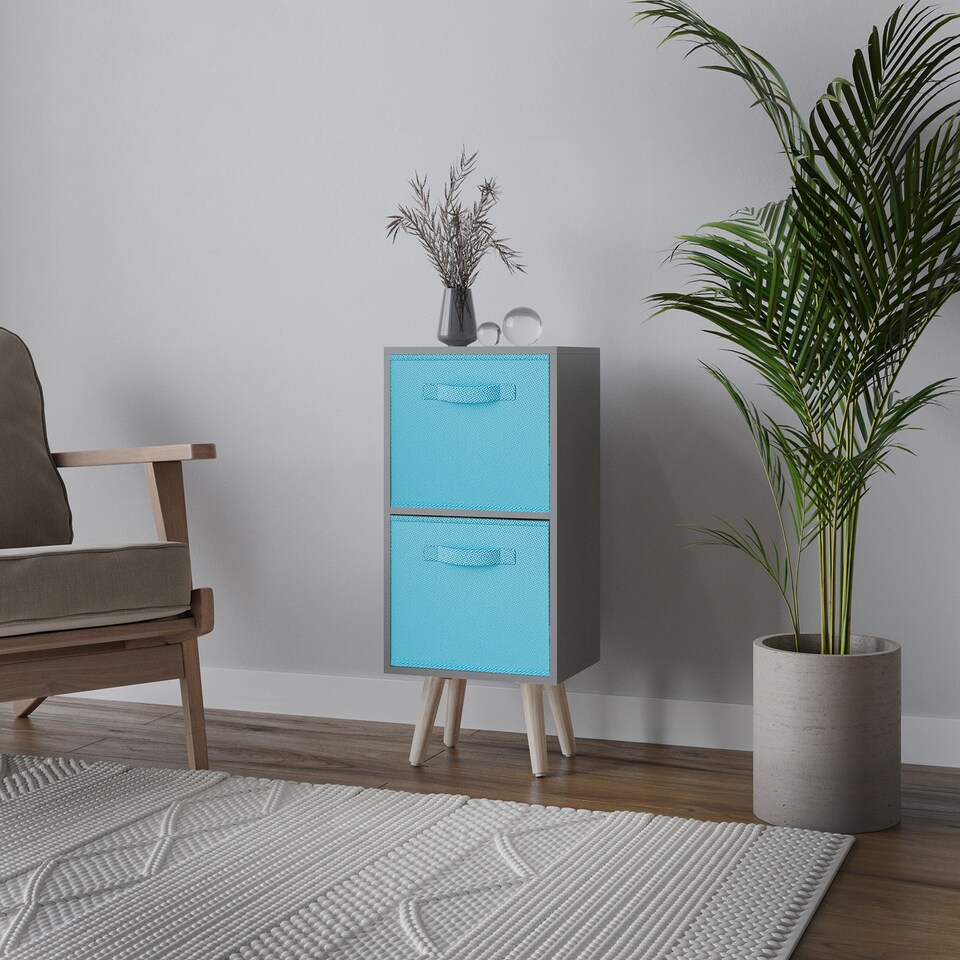 image 1 of Grey 2-Tier 2-Drawer Cube Shelving Unit with Scandinavian Legs | Blue | Sky Blue & Pine | 1