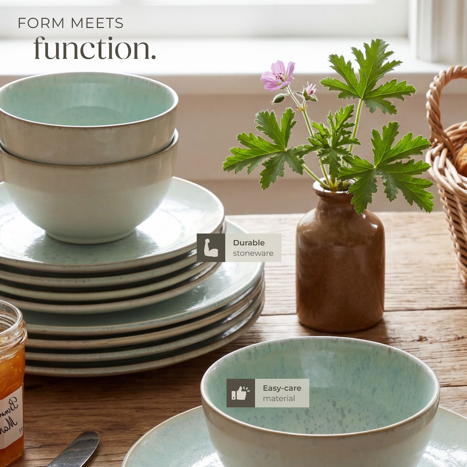image 1 of Dinner Set Mare in Glazed Stoneware for 6 People, Microwave- and Dishwasher-Safe | Green | mint | 1
