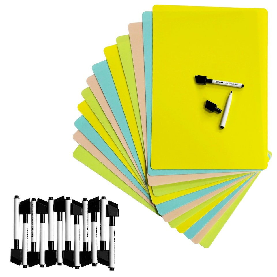 image 1 of Pack of 12 A4 Assorted Coloured Whiteboards with 12 White Board Marker Pens
