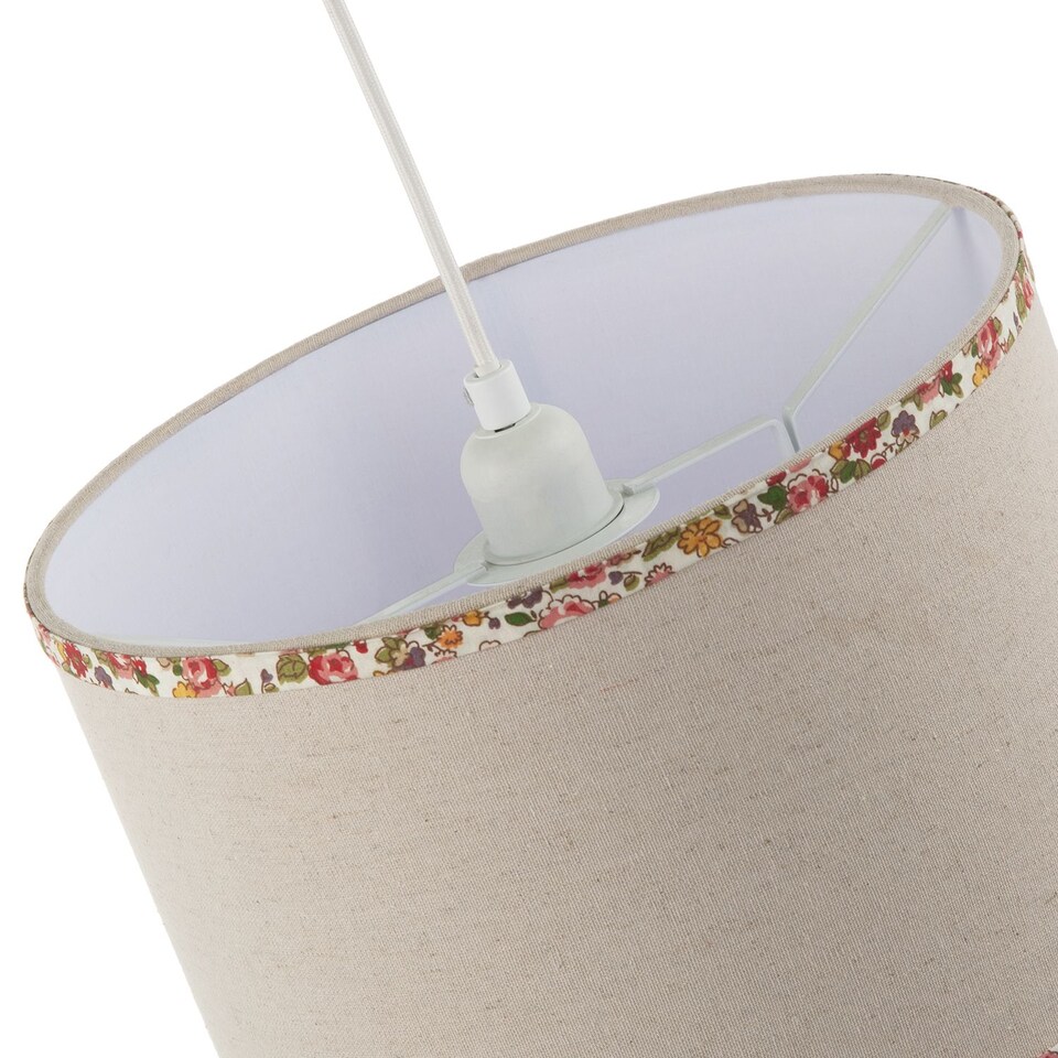 image 1 of Natural Oatmeal Linen Circular Lamp Shade with Colourful Floral Trims | Cream | Oatmeal | 1