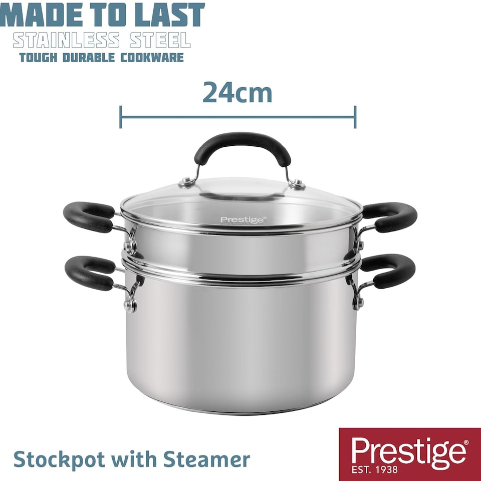 image 1 of Prestige Made to Last Stainless Steel Stock Pot with Food Steamer 24cm - Silver