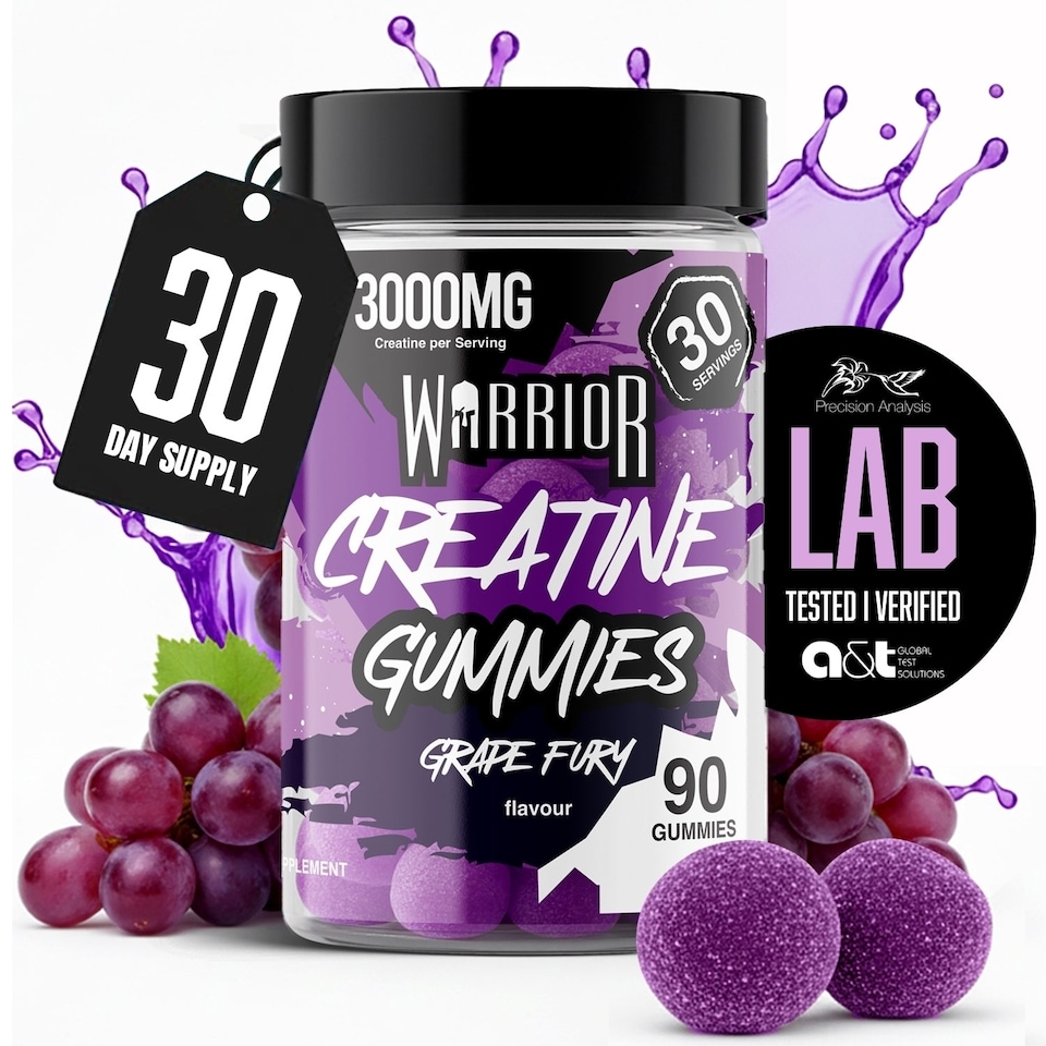 image 1 of Warrior Creatine Monohydrate Gummies – 3000mg Creatine per Serving, Chewable & No-Mix – Grape Fury, 90 Gummies (30 Servings)