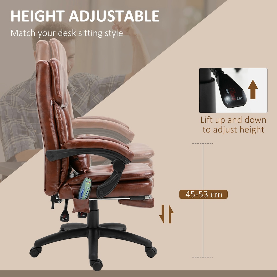 image 1 of Vinsetto PU Leather Massage Office Chair w/ Adjustable Height Footrest Brown