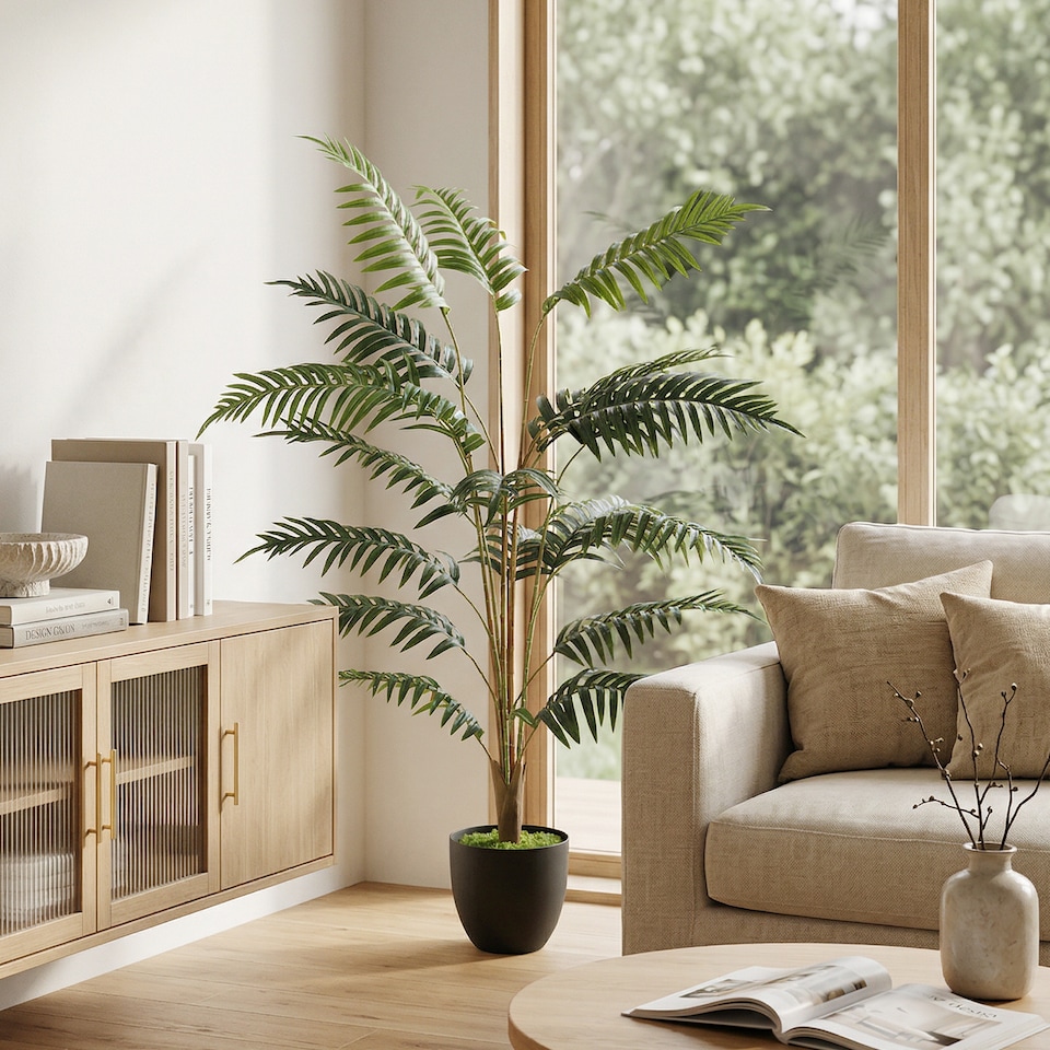 image 1 of HOMCOM 120cm Tall Artificial Fern Topiary Tree in Cement Pot, Green