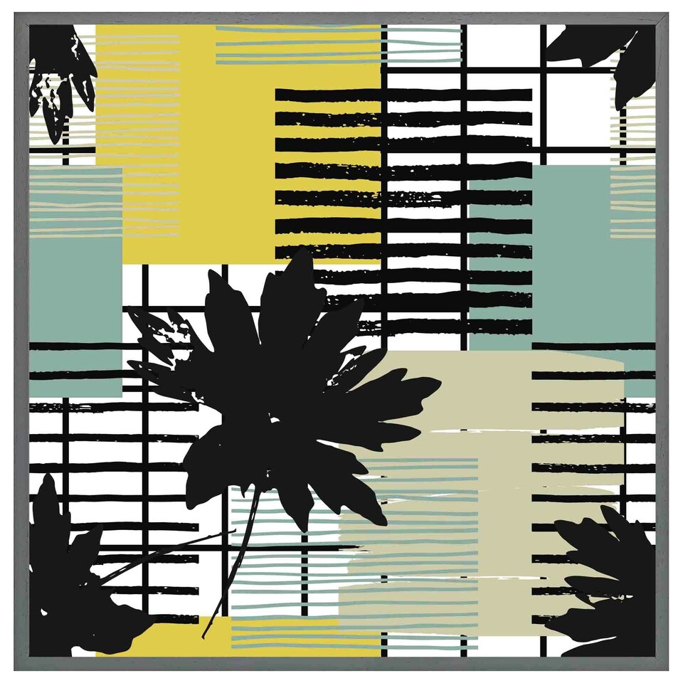 image 1 of Geometric shape & leaf print in yellow & green (Picture Frame) Grey | L