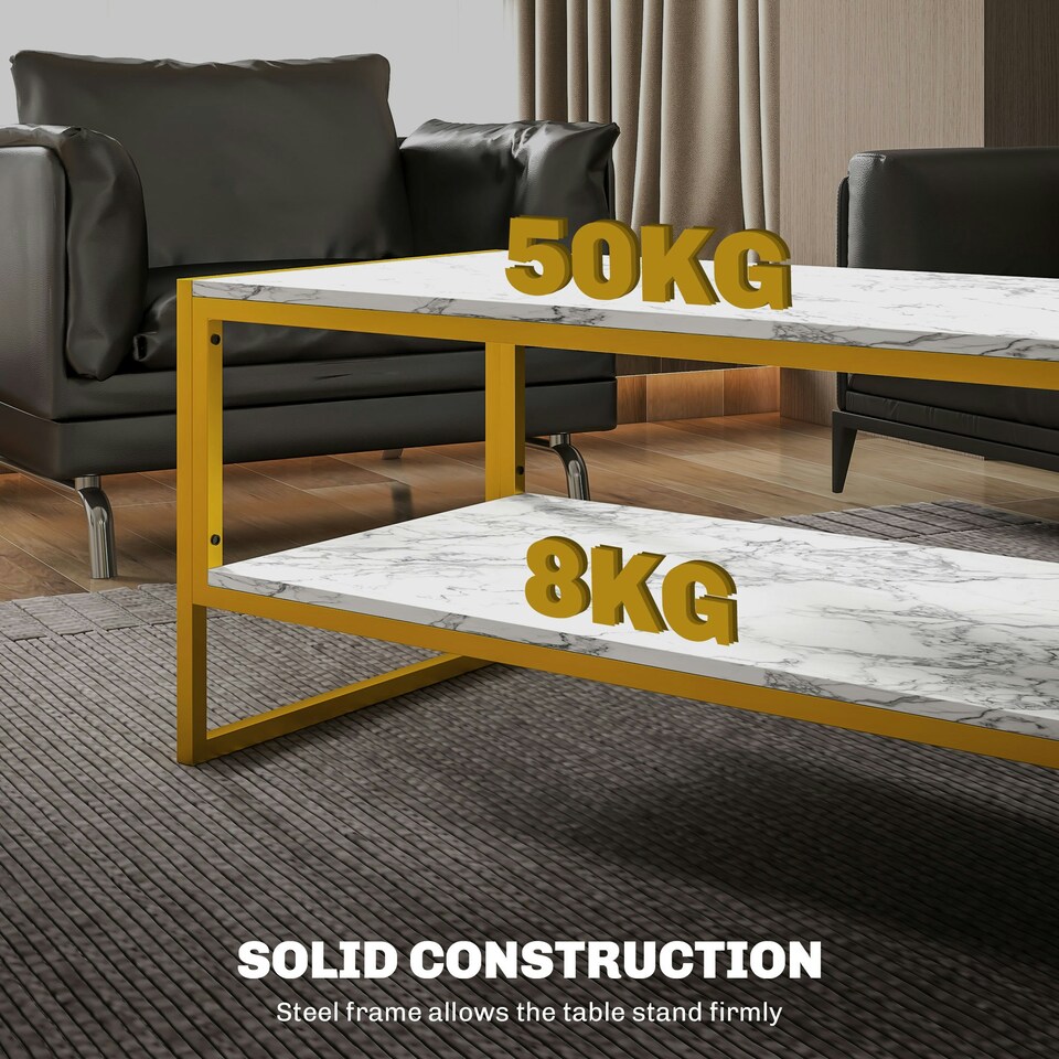 image 1 of HOMCOM Two-Tier Coffee Table with Marble Effect Shelf and Metal Frame White