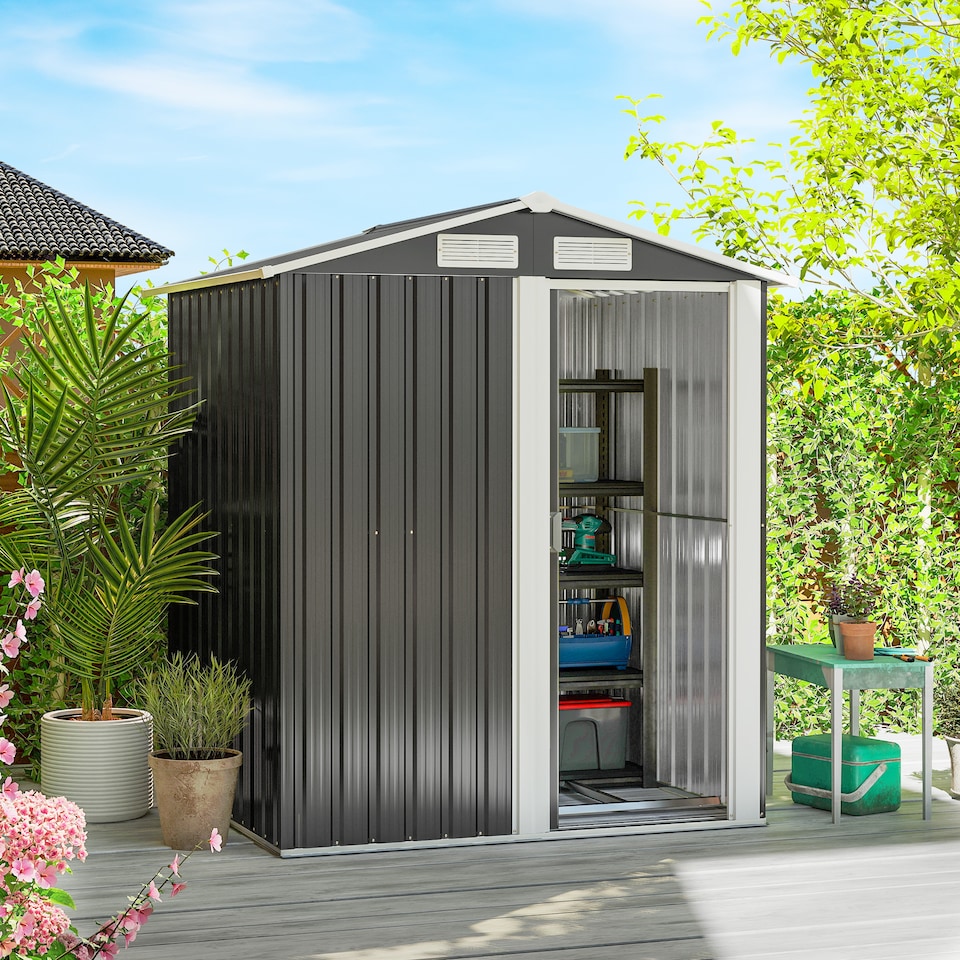 image 1 of Outsunny 5ft x 4ft Garden Metal Storage Shed, Tool Storage Shed with Sliding Door, Sloped Roof and Foundation Kit for Garden, Patio, Lawn, Grey