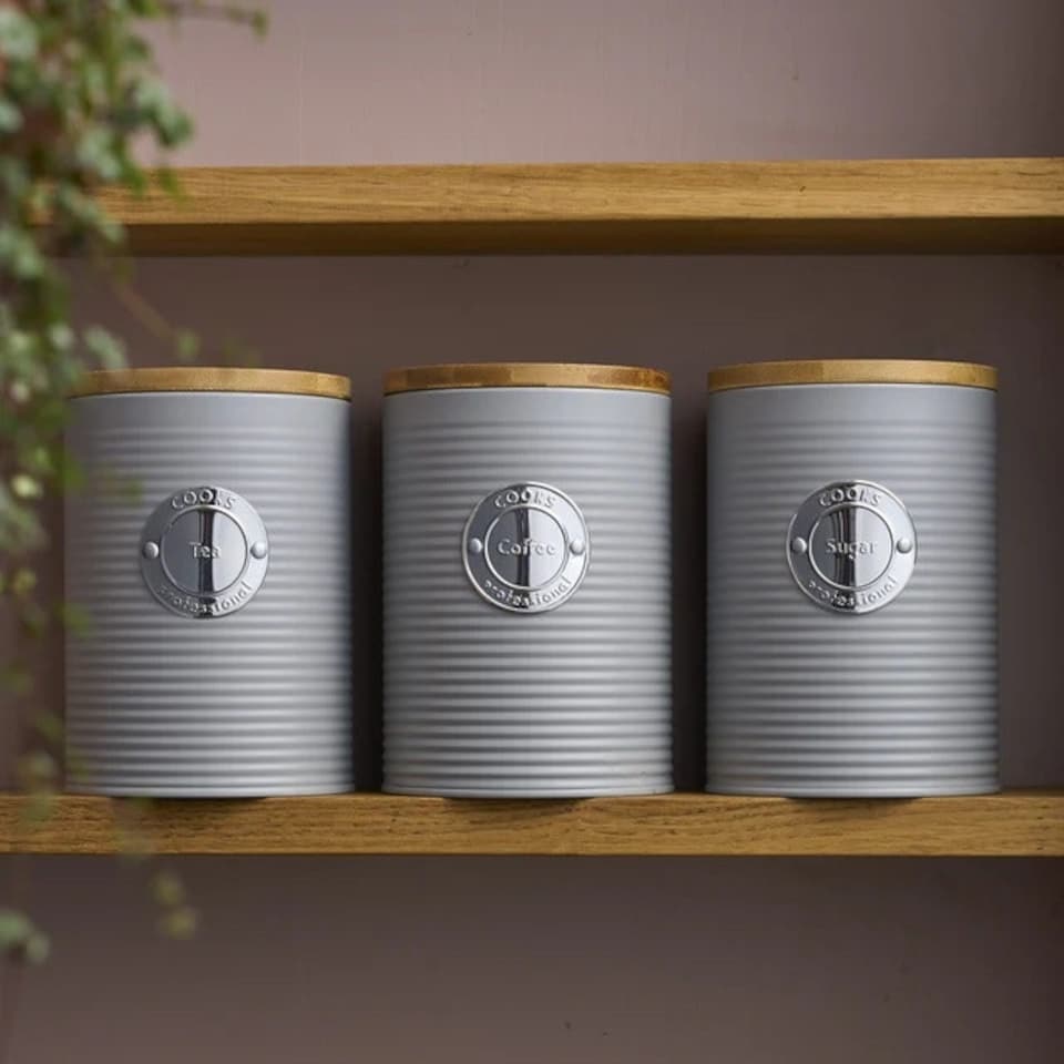 image 1 of Cooks Professional 3 Piece Ribbed Tea, Coffee, & Sugar Cannisters with Bamboo Lids | Stainless Steel Kitchen Storage Bins | Grey & Silver