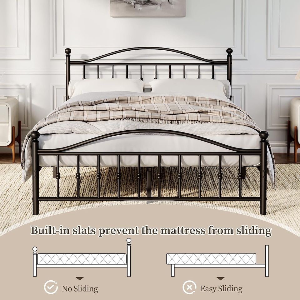 image 1 of London Boutique Double Metal Bed Frame with Anti-Slip High Footboard, 300kg Capacity, Black/195x140cm