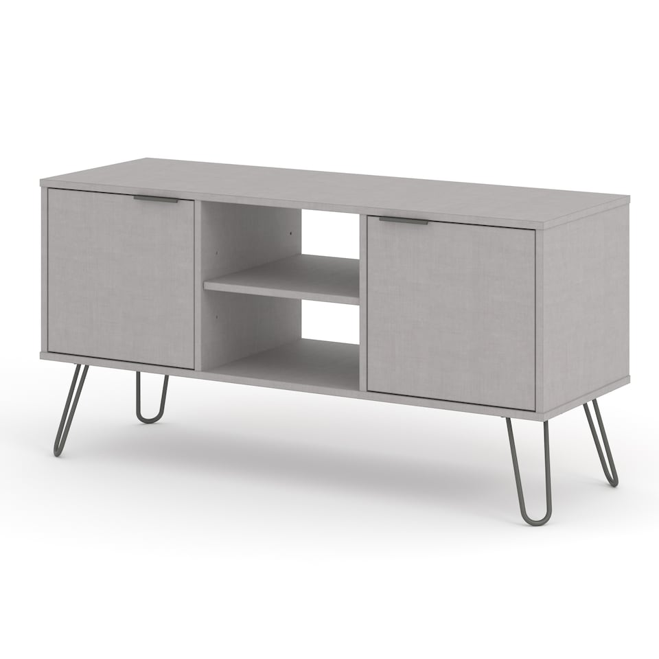 image 1 of Augusta Pine 2-Door Wide TV Unit - Wooden Media Cabinet with Hairpin Legs and Rustic Finish | Grey | Grey | 1