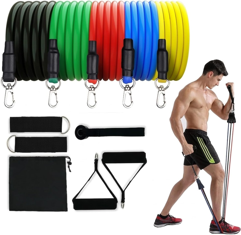 image 1 of 11Pcs Yoga Exercise Bands Resistance Tubes Set Fitness Workout Gym Equipment Stretch Band 5 Anti-Break 2 Foam Handle upto 150LB