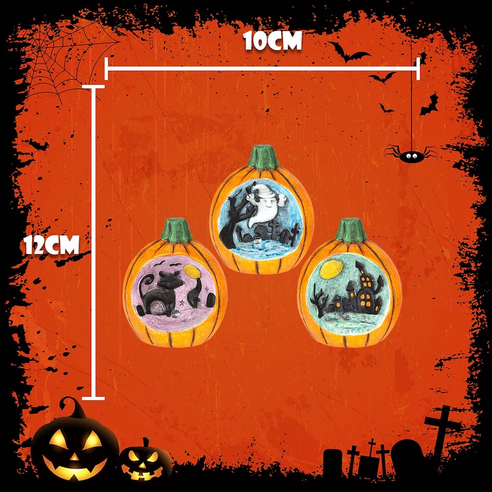 image 1 of vfm-estore Halloween LED Pumpkin Scenes 3-Pack - Cat, Ghost, House Multicolour Decorations