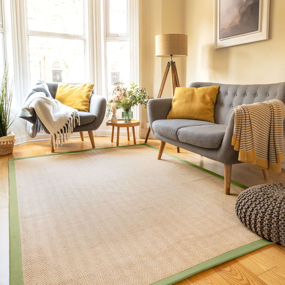 image 1 of KUKOON Beige Natural Jute Herringbone Pattern Non Slip Green Border Rug 160cm x 230cm