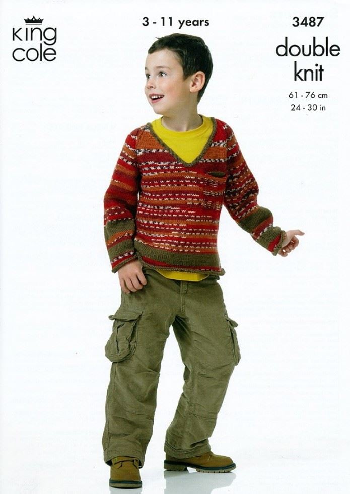 King Cole Merino Knitting Pattern 3487, Sweaters for Kids - 3 - 11 Years - Easy