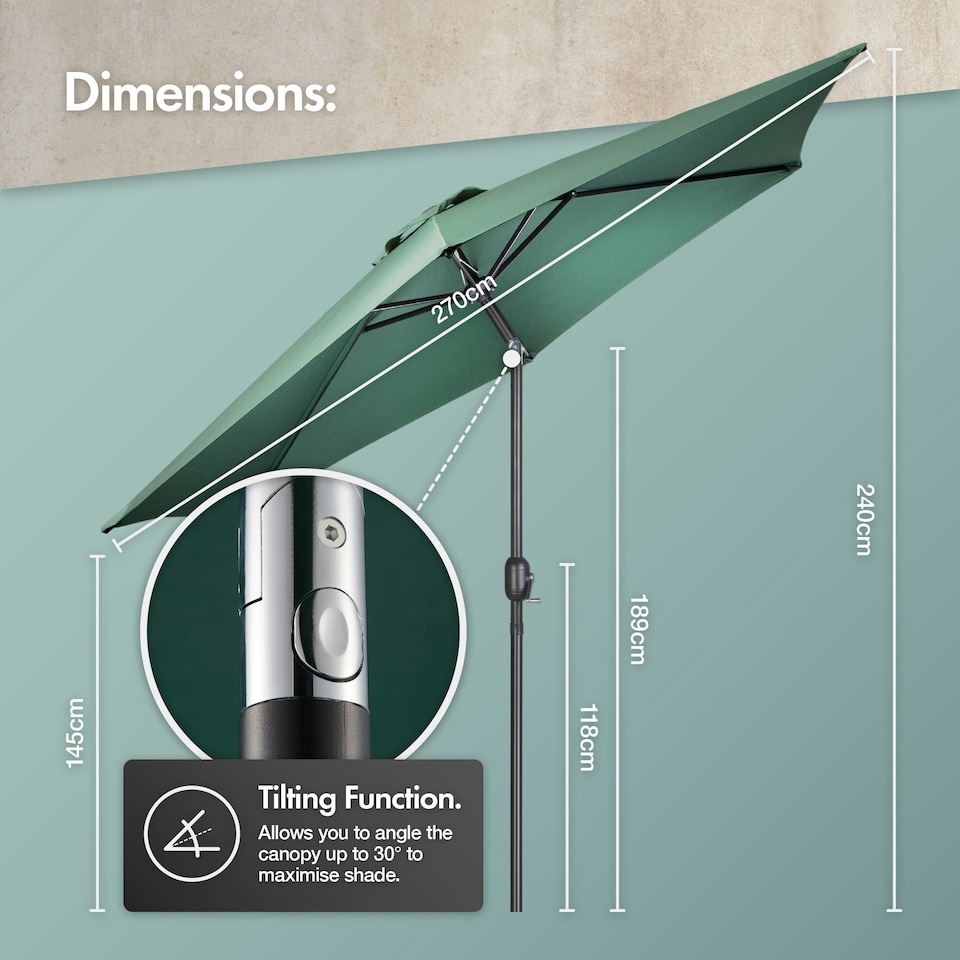 image 1 of VonHaus Steel Parasol Dark Green 2.7m & Base Set (12kg) Green | Black