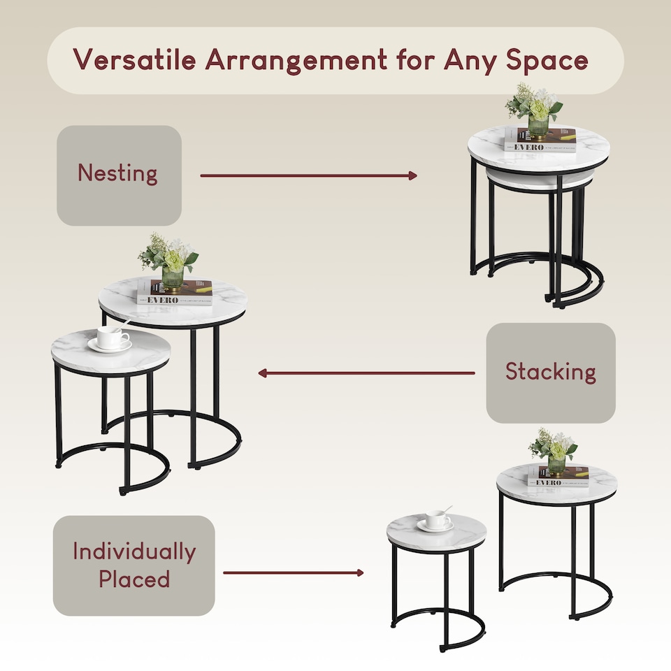 image 1 of Vida Designs Brooklyn Round Nest of Tables 2 Piece Set Nesting Sofa Bedside Side Table, Marble